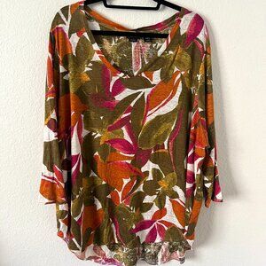 Tahari Top Plus Sz 3X Colorful Tropical V-Neck 100% Linen 3/4 Sleeve Tee Shirt